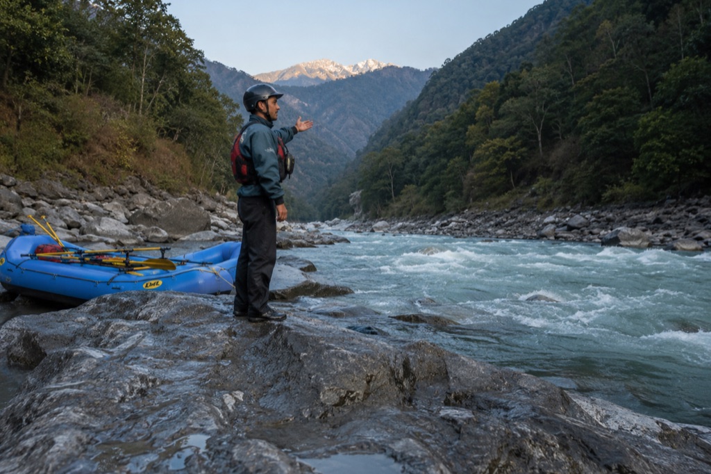 A rafting guide on a boulder at the river edge, looking upstream and gesturing.